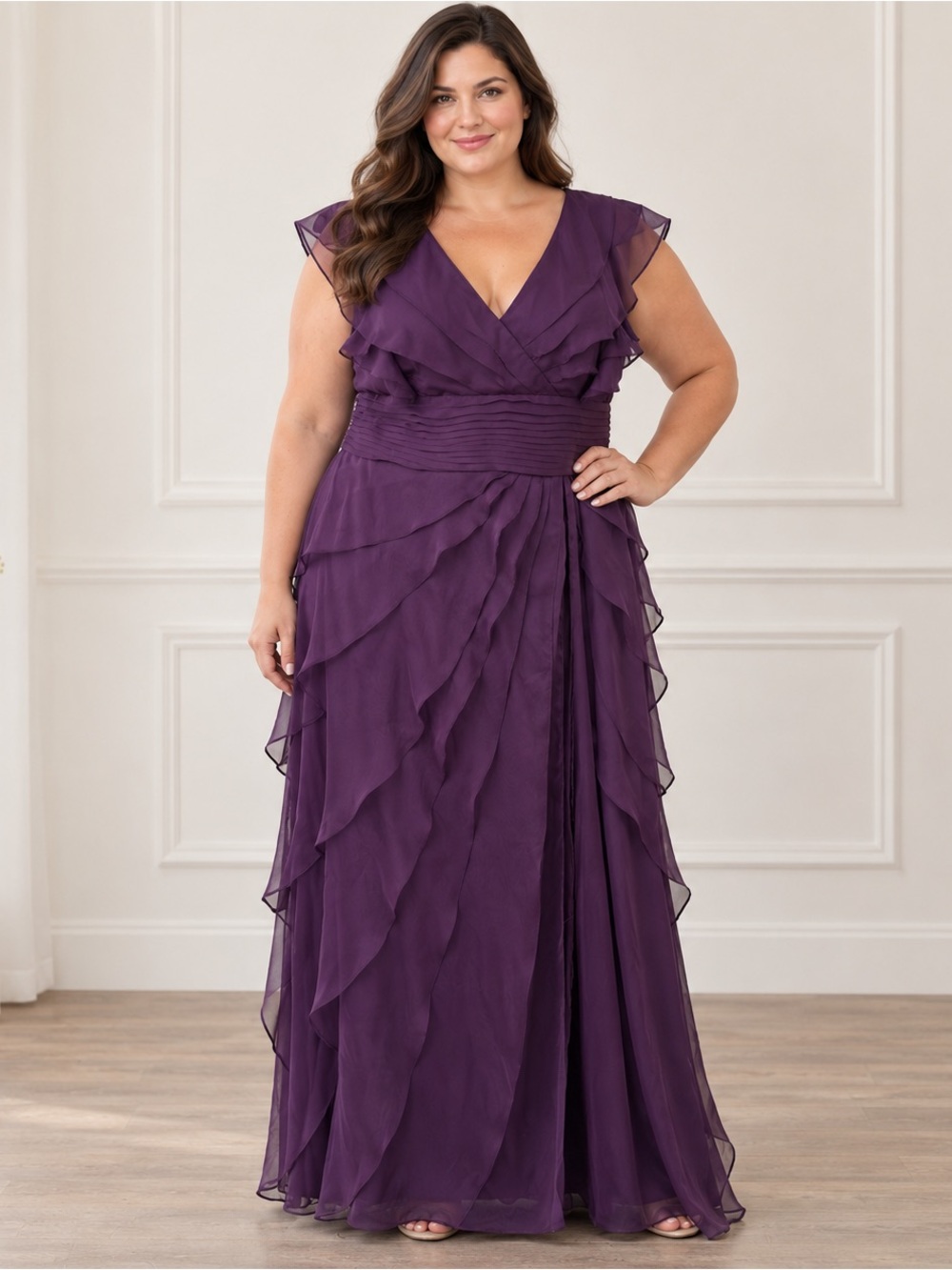 Adrianna Papell 18W Plum Purple Chiffon Ruffle Tiered Formal Maxi Gown